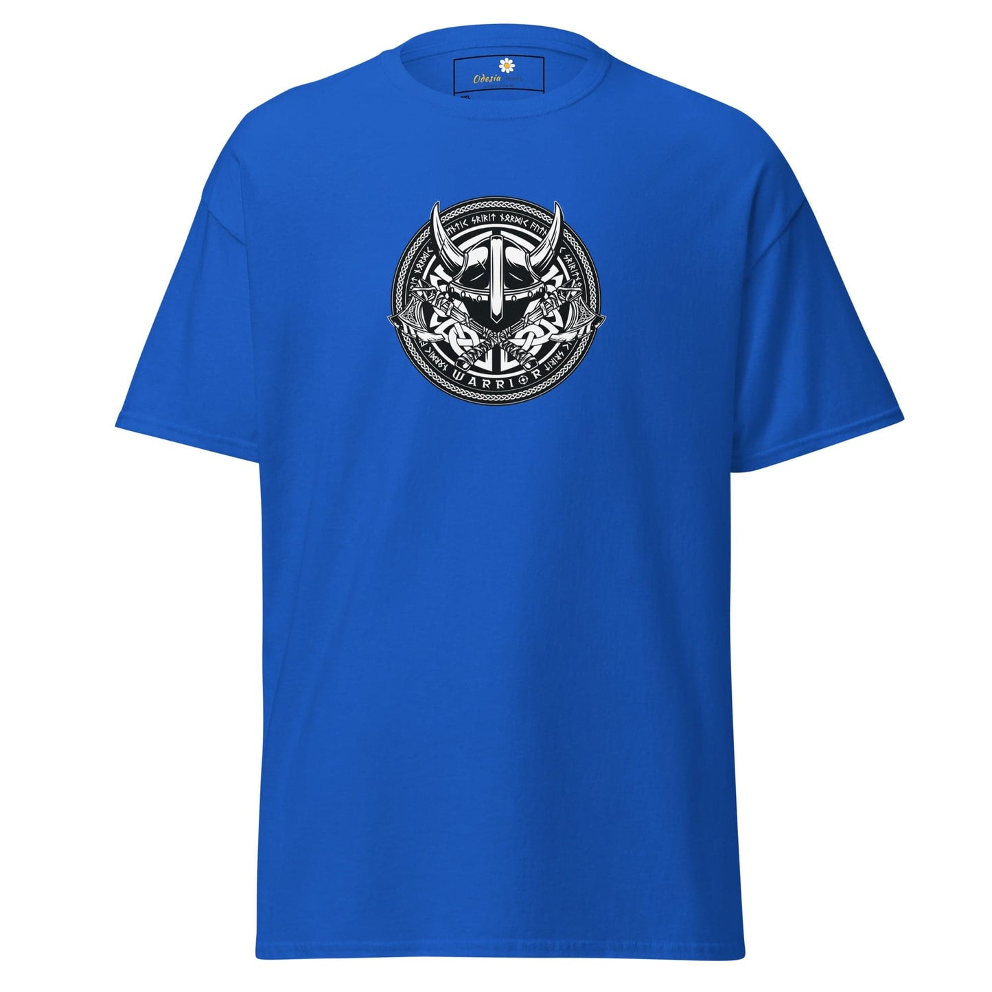 Blue t-shirt with Viking helmet graphic.