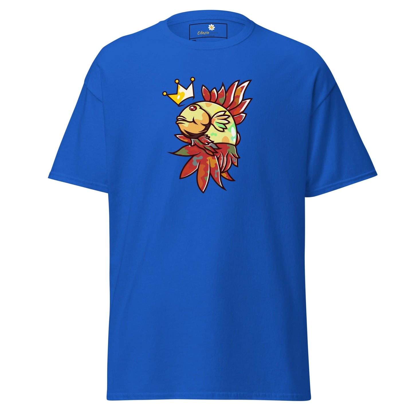 Blue T-shirt with fish graphic for Men and Women in sizes 2XL to 5XL