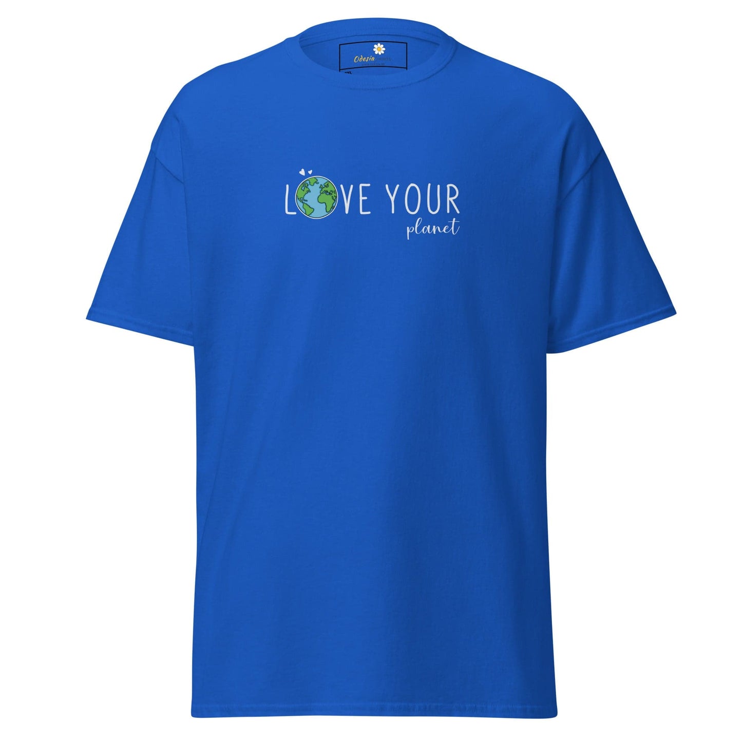 Blue t-shirt with ’Love Your Planet’ graphic.
