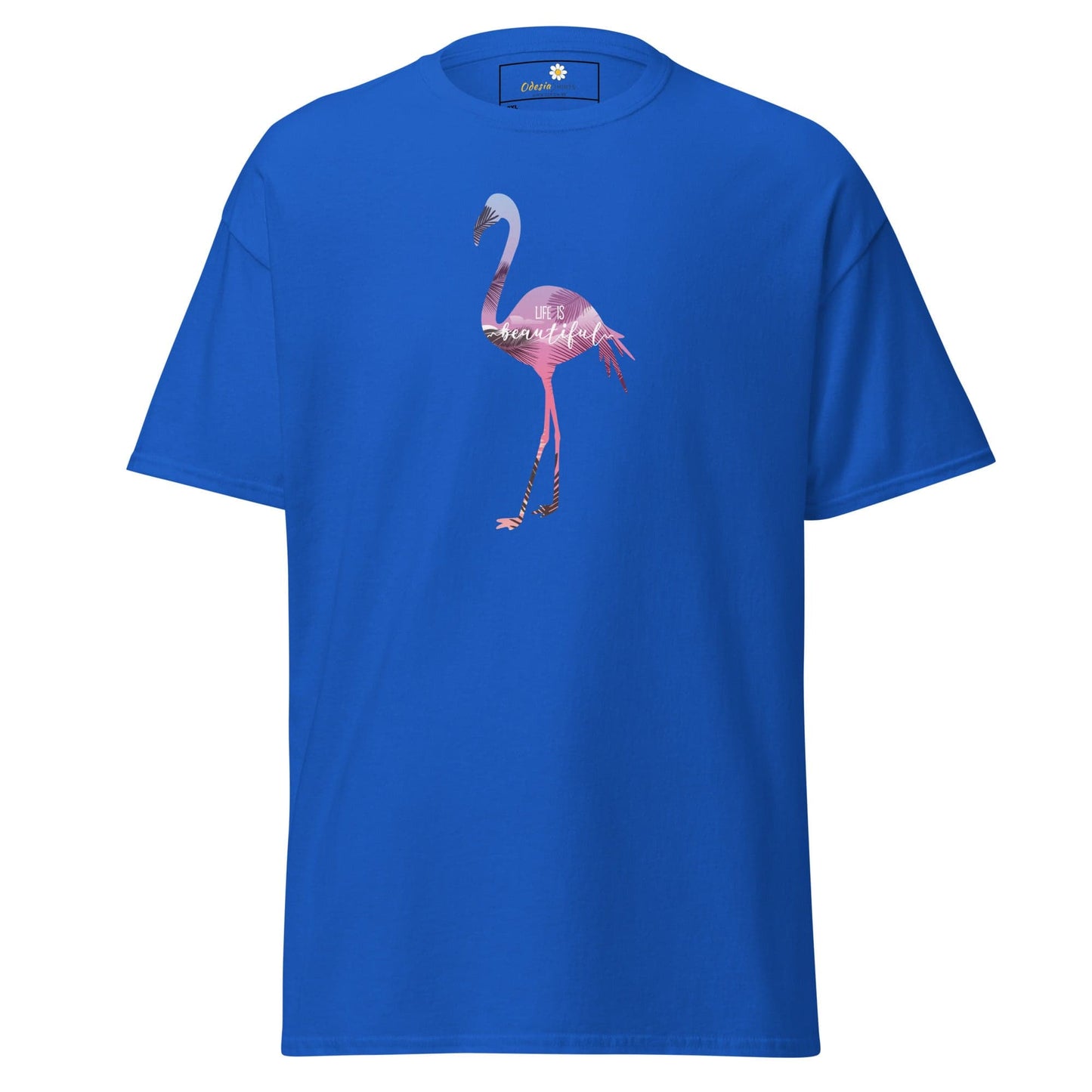 Blue T-shirt with flamingo design for men and women in 2XL to 5XL sizes