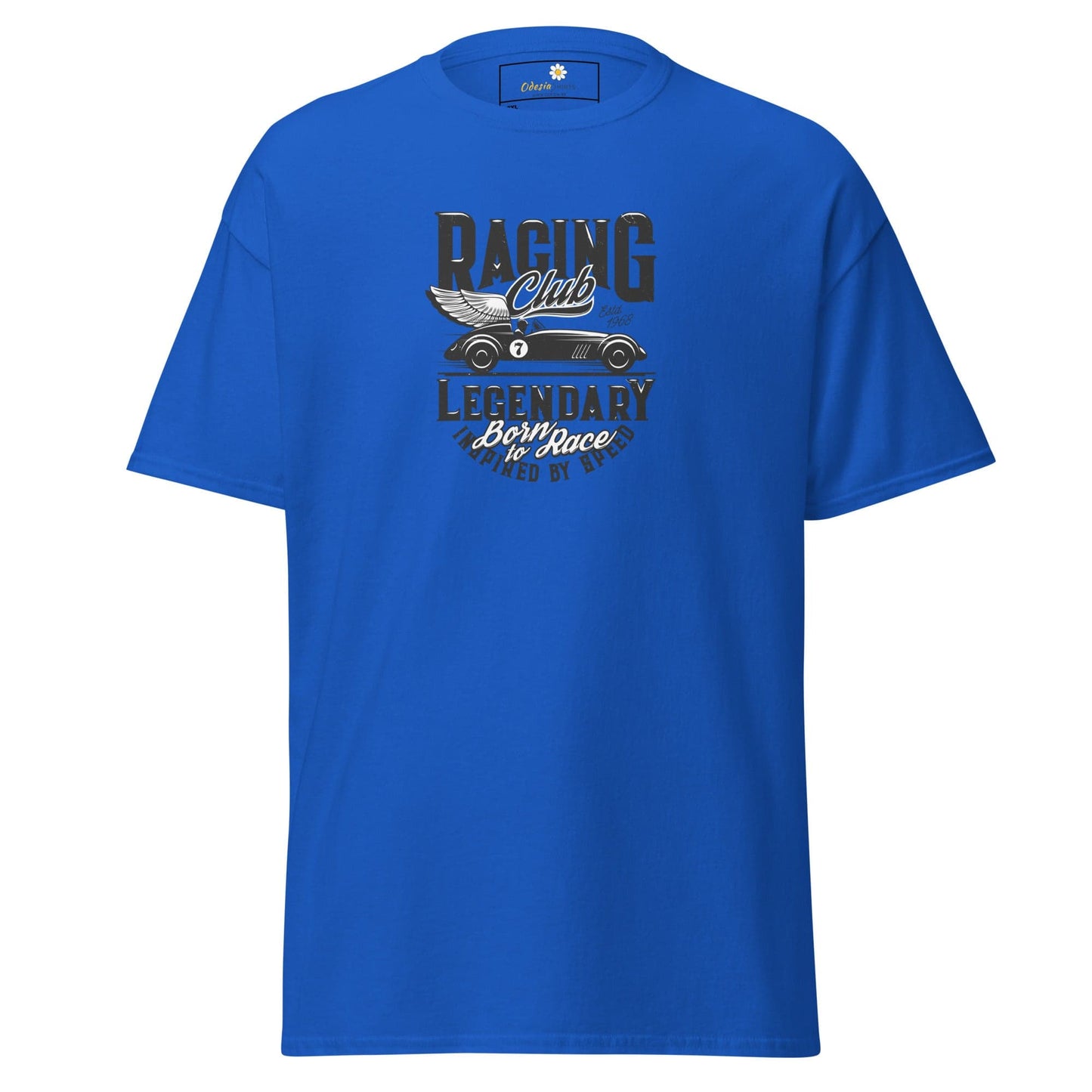 Blue t-shirt with racing car graphic.