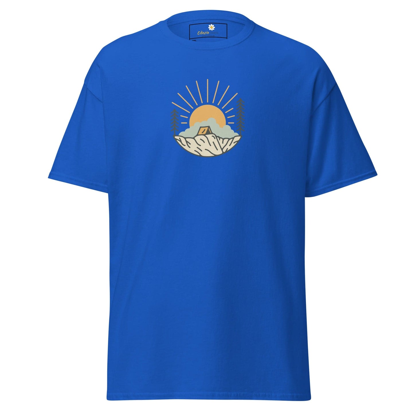 Blue t-shirt with camping graphic.