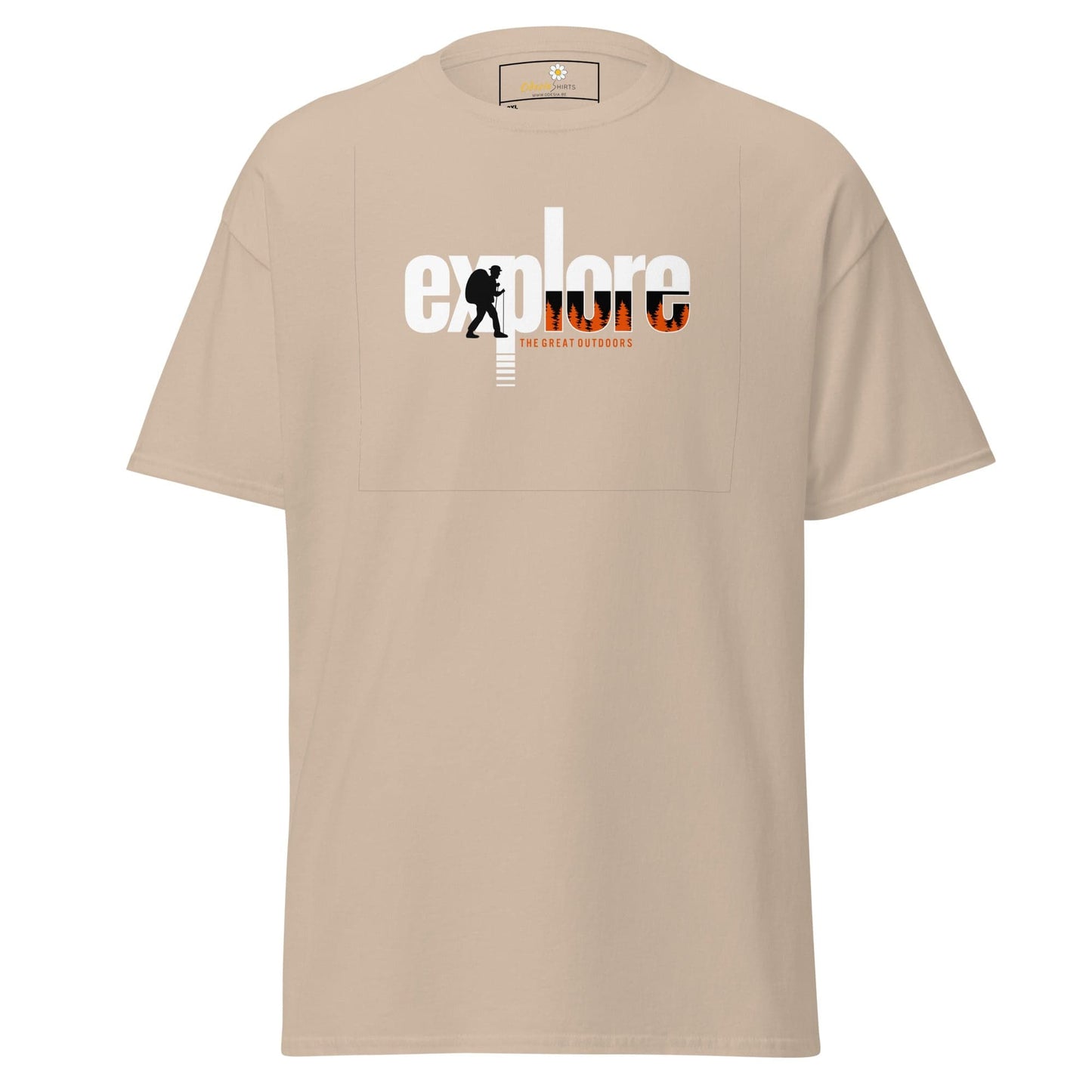 Beige t-shirt with ’explore’ graphic.