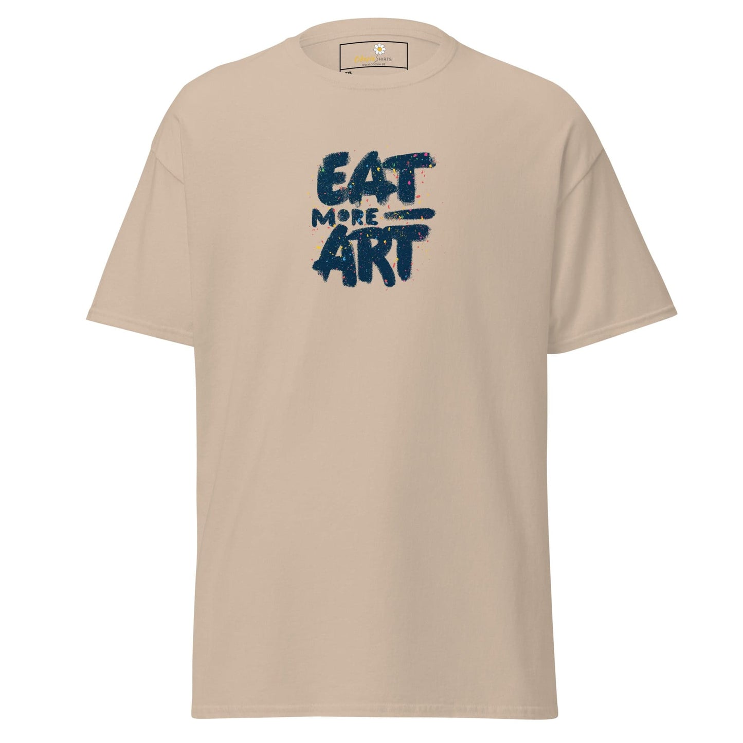 Beige T-shirt featuring Eat More Art text from T-Shirt Design Tee for Men and Women