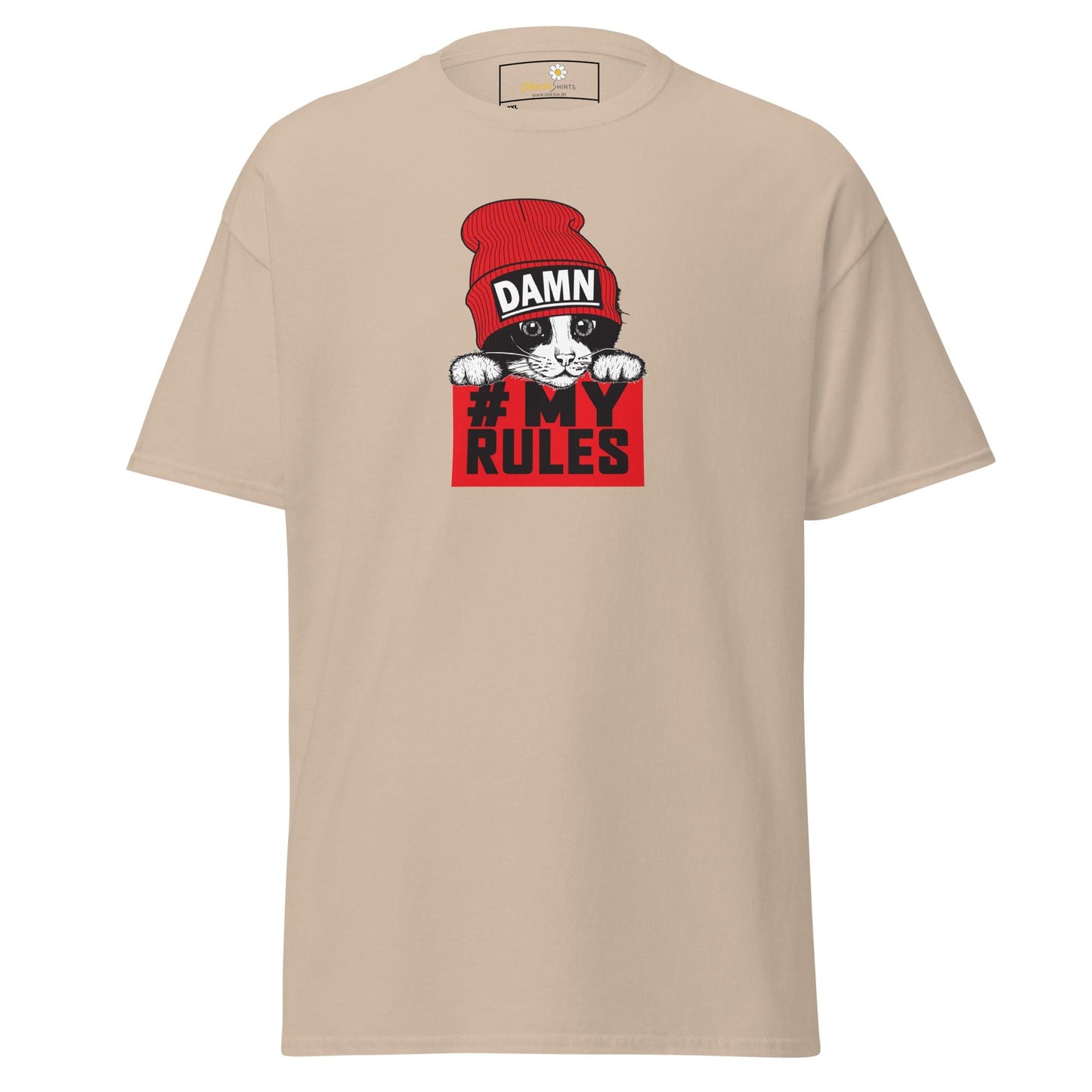 Beige t-shirt with cat graphic.