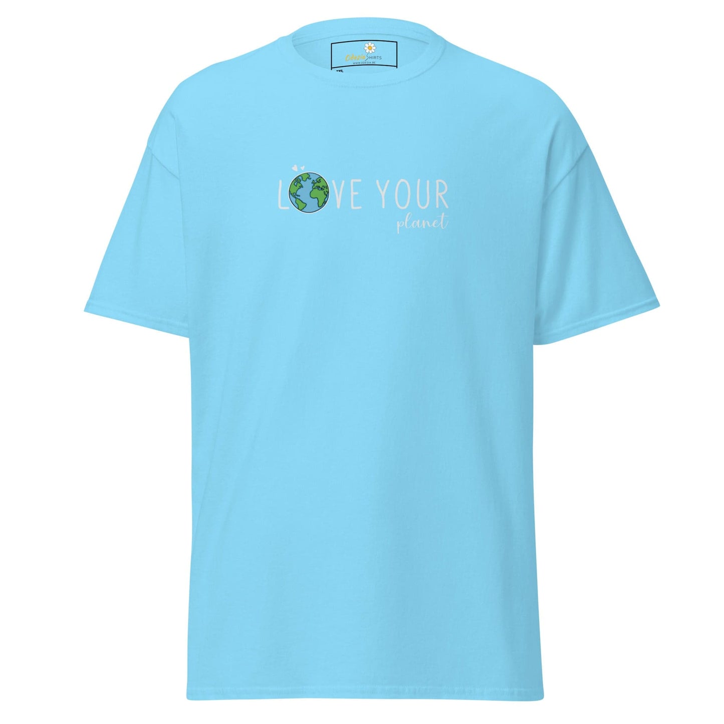 Light blue t-shirt with ’Love Your Planet’ graphic.
