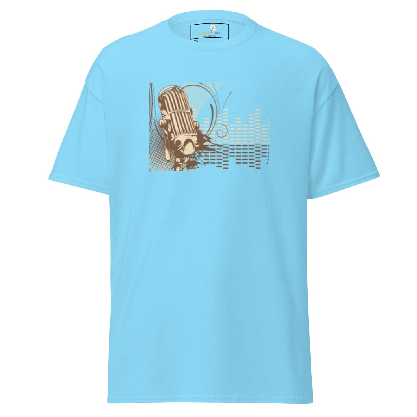 Light blue T-shirt with microphone graphic for men and women in 2XL to 5XL sizes
