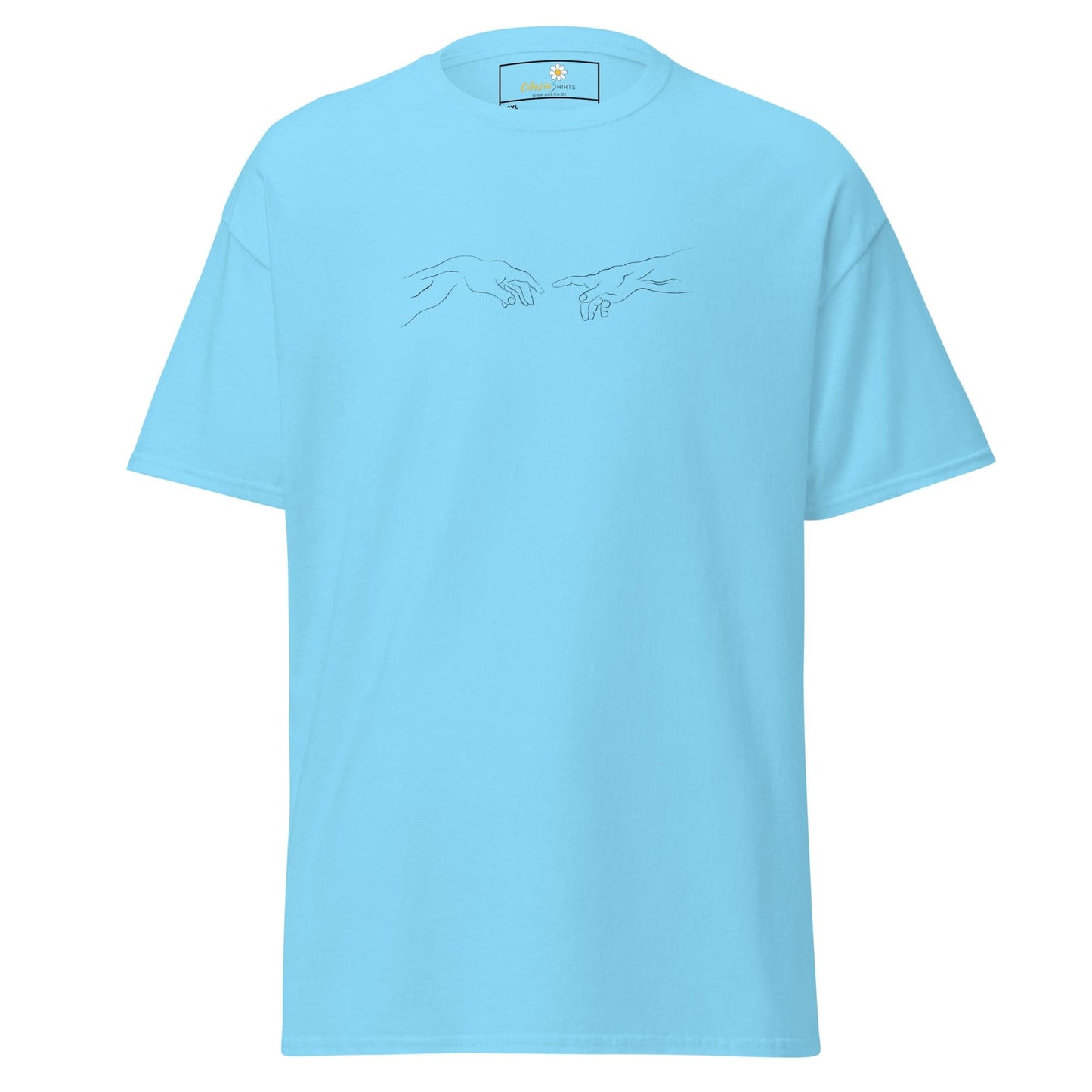 Light blue T-shirt with hand design showcased in T-SHIRT DESIGN TEE for Men and Women
