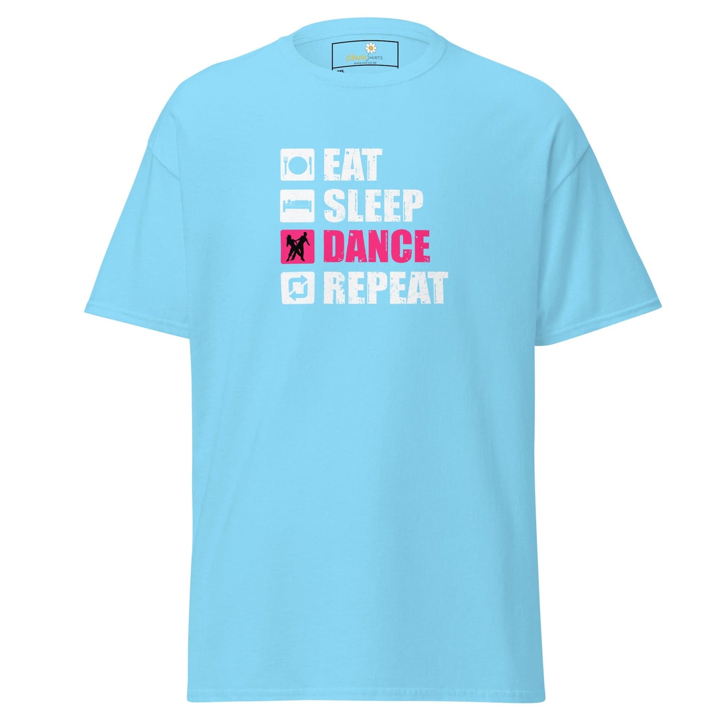 Light blue t-shirt with dance graphic.