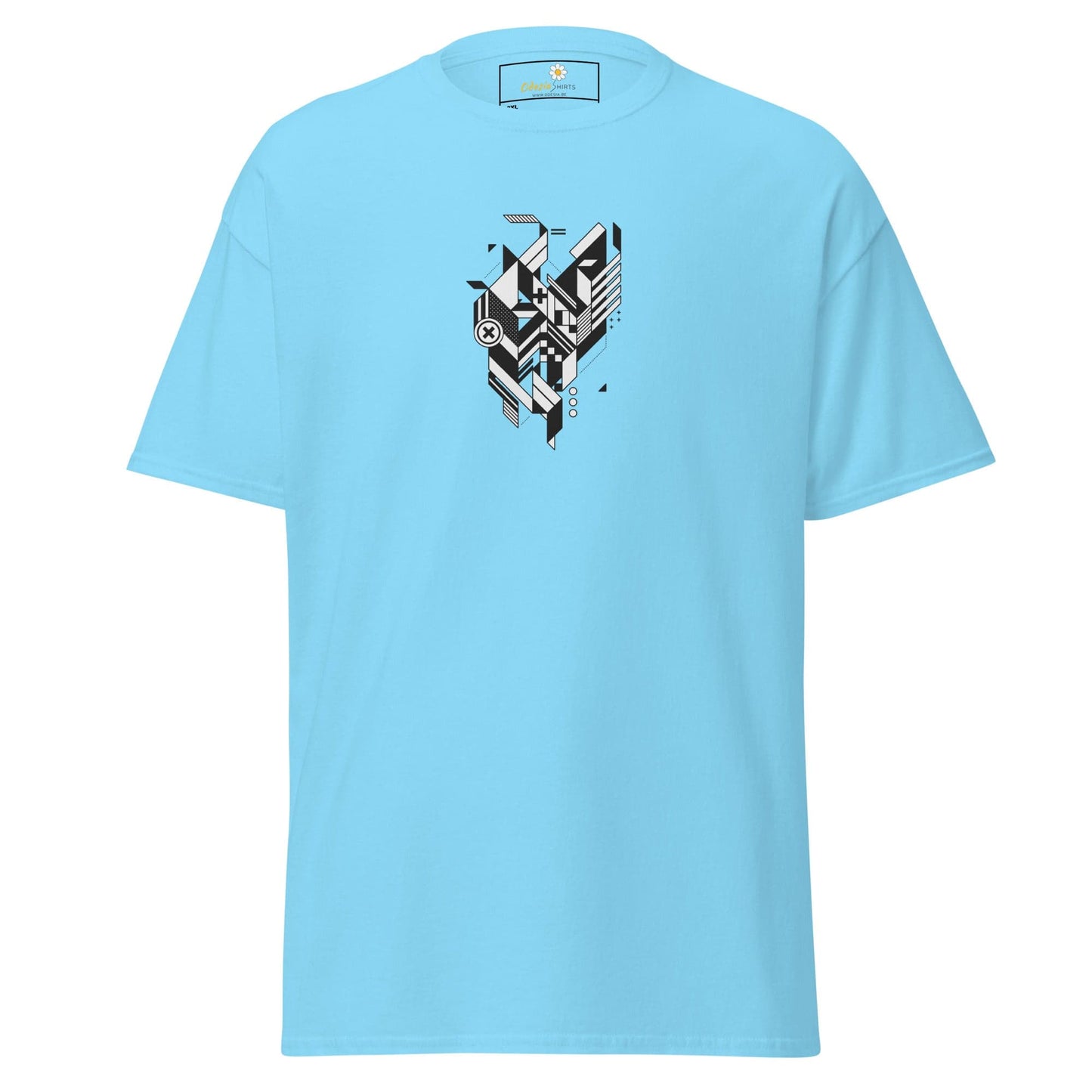 Light blue t-shirt with geometric design.