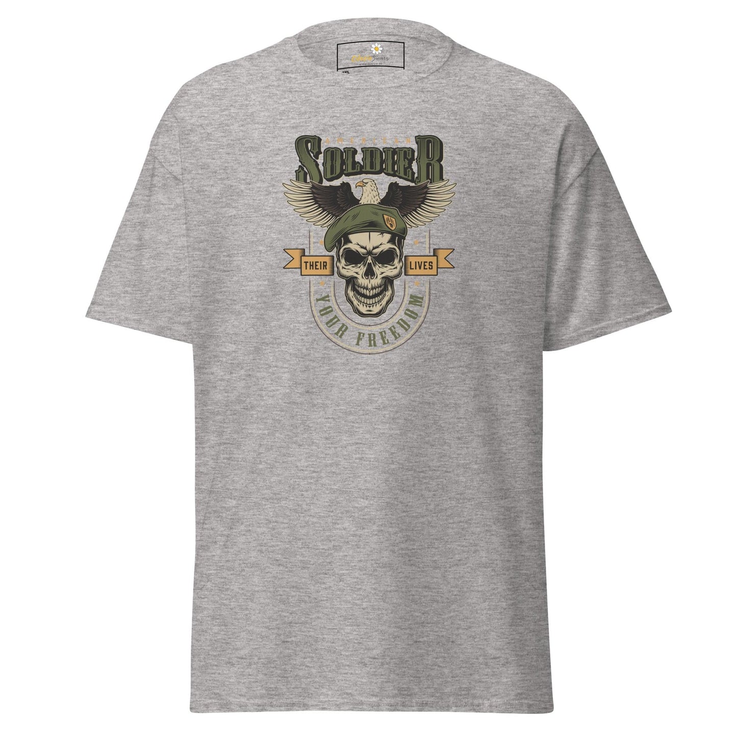 Gray T-shirt with skull graphic displayed in T-SHIRT DESIGN TEE for Men and Women