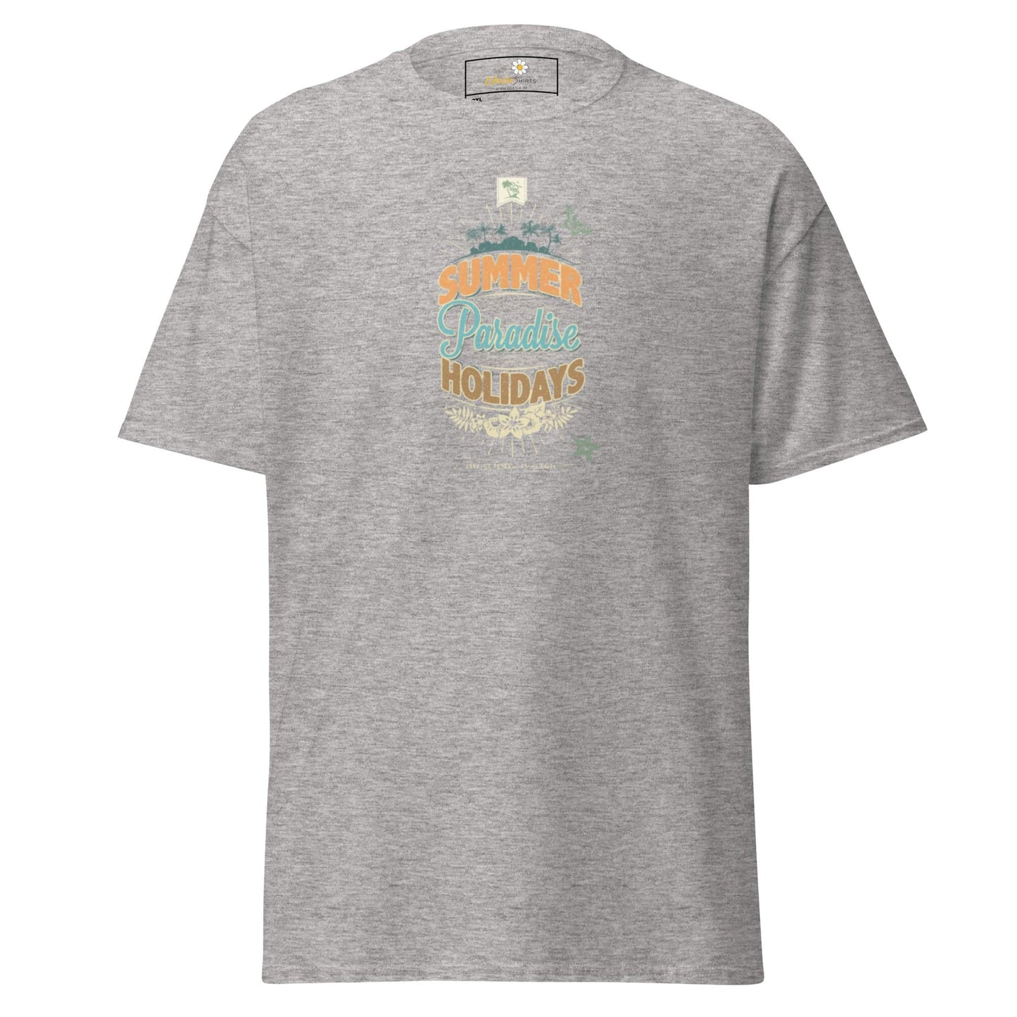 Gray t-shirt with summer-themed graphic.