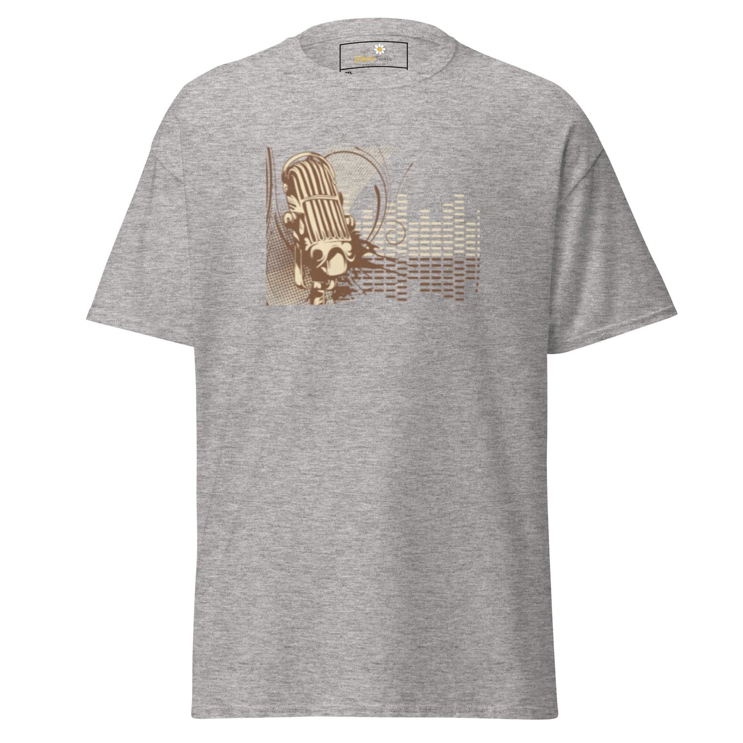 Gray T-shirt featuring microphone graphic from T-SHIRT DESIGN TEE for Men and Women