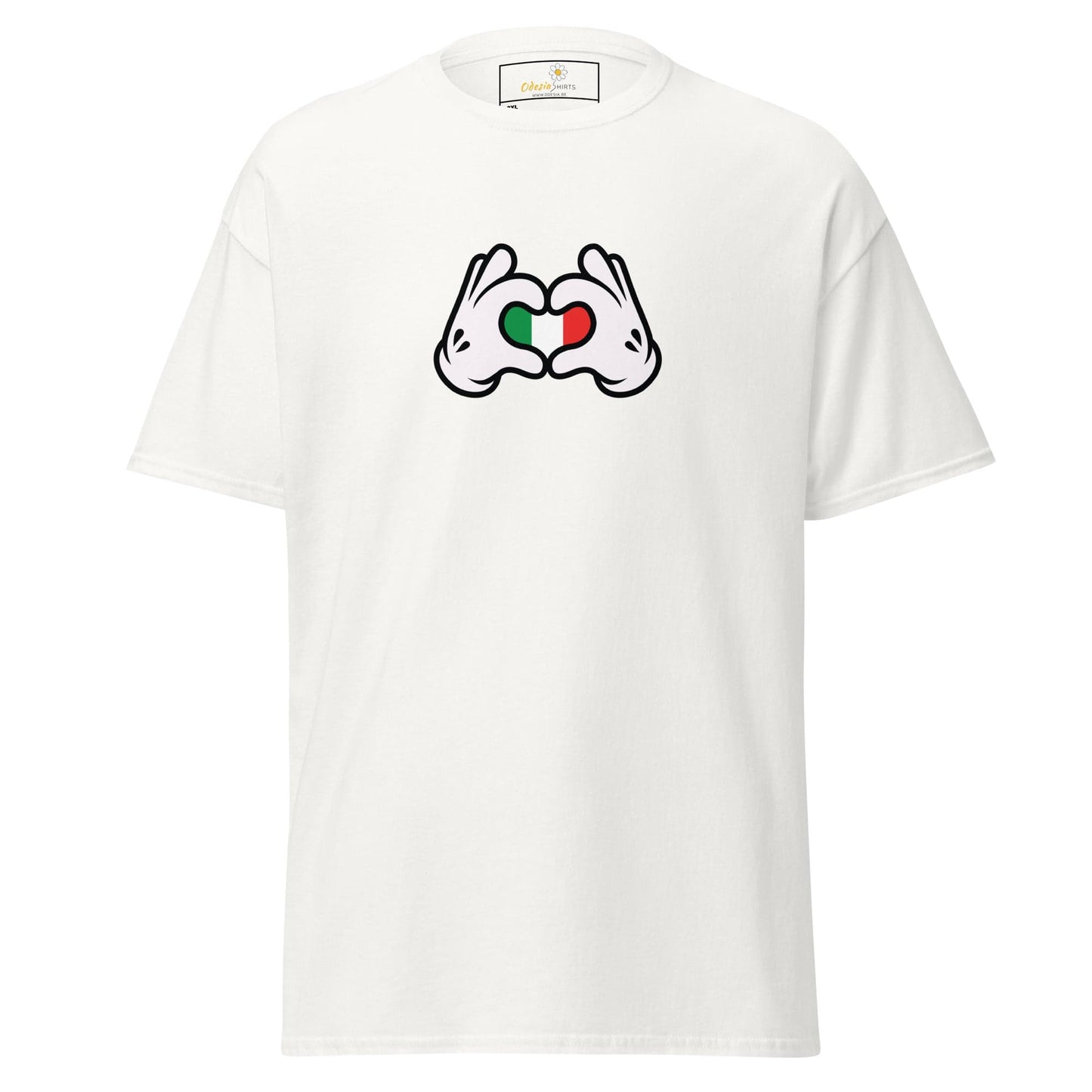 White t-shirt with heart-shaped hands.