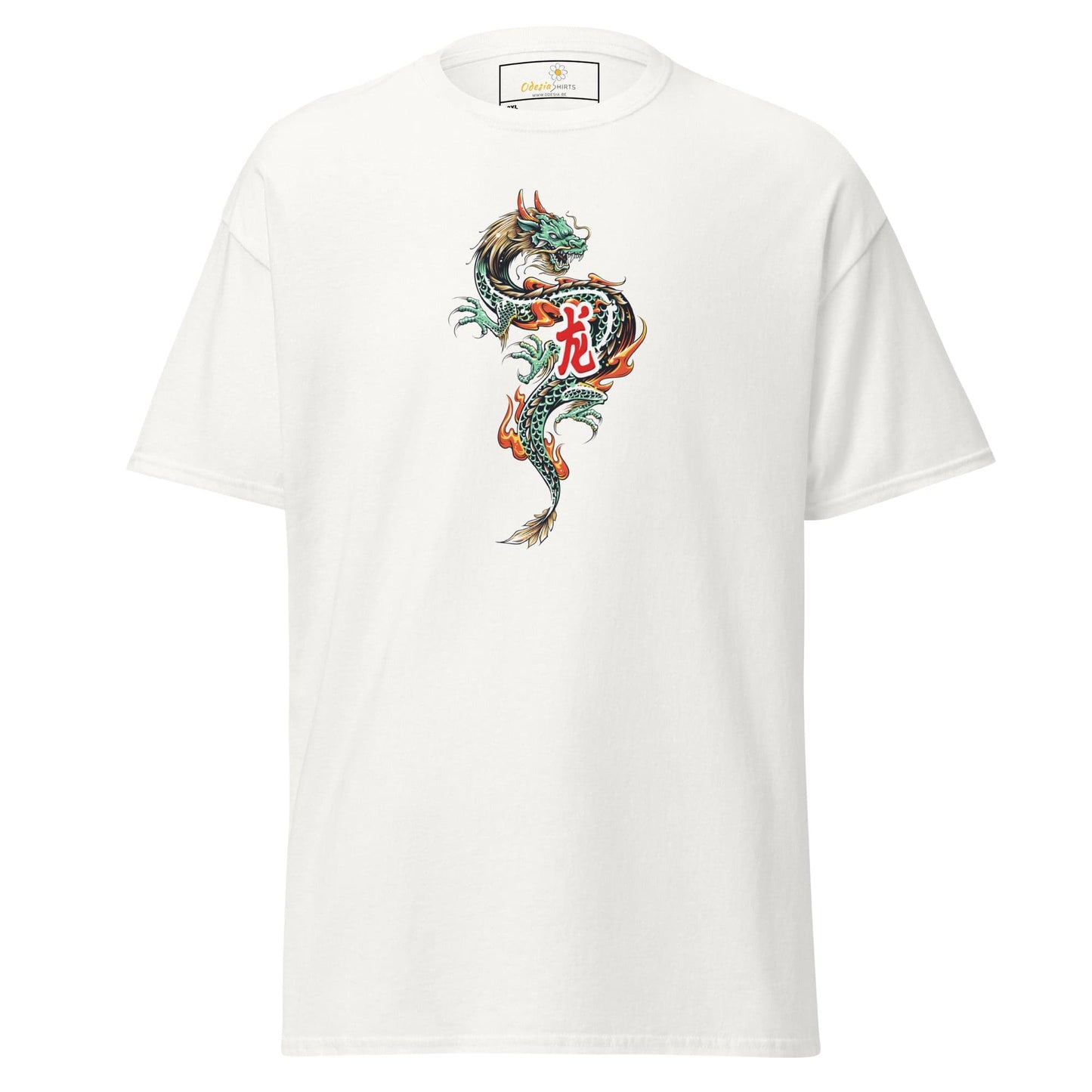 White t-shirt with dragon graphic.