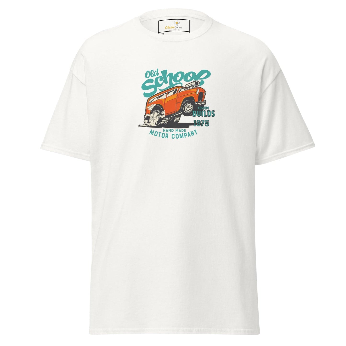 White t-shirt with car graphic.
